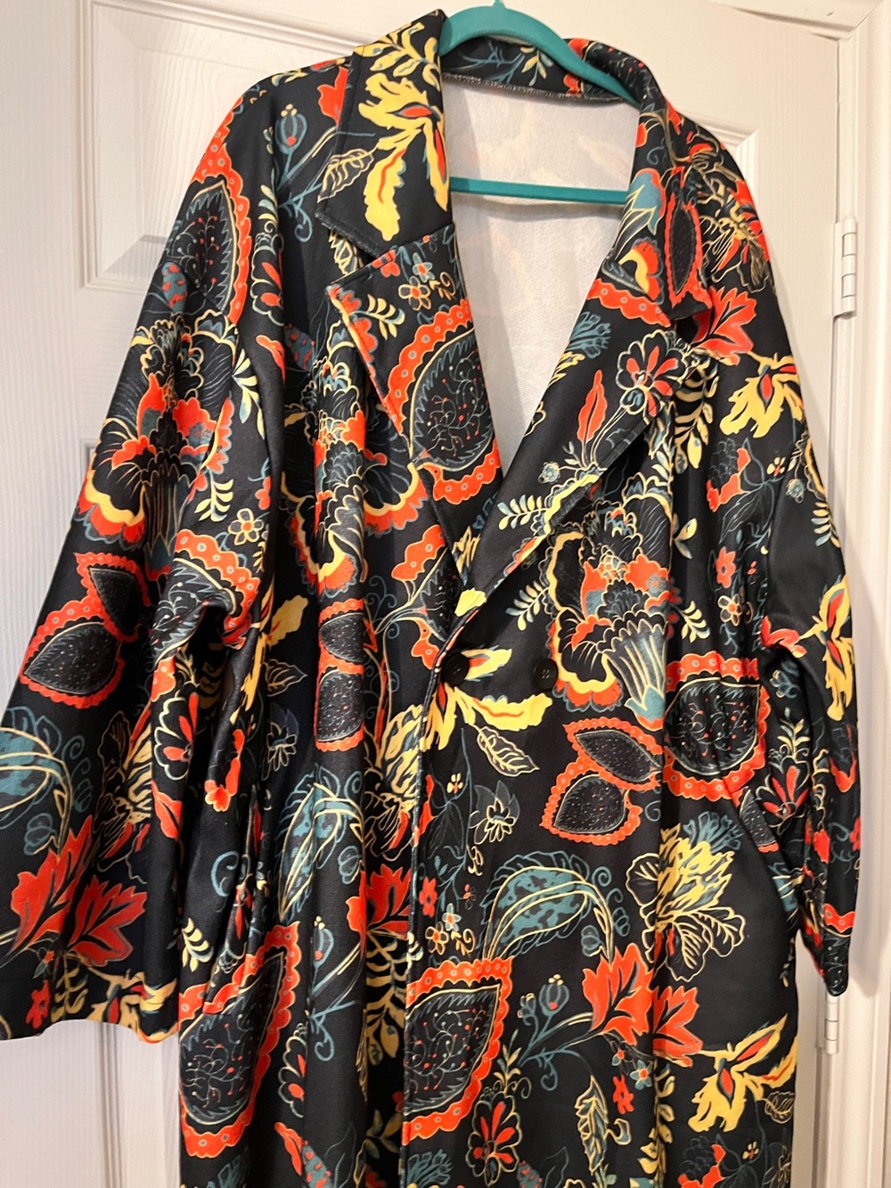 Black Floral Satin Duster Coat with Red and Yellow Accents